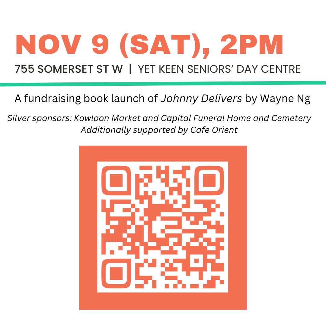Join us on Nov 9 at 2pm at Yet Keen Seniors' Day Centre, 755 Somerset St. W for the fundraising #booklaunch  of Johnny Delivers by Wayne Ng. Enjoy homemade food, fun &amp; raffles — in support of our mission to reduce social isolation for Chinese seniors in Ottawa. #CommunitySupport