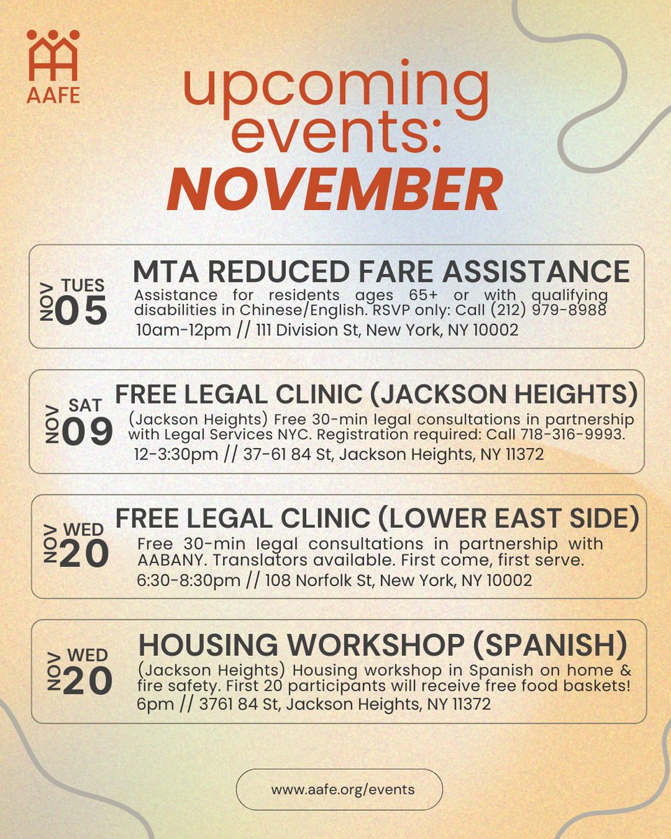 🍂 November round-up of AAFE's public events and workshops! 🍂

Visit aafe.org/events for our updated Community Calendar and more event information.
