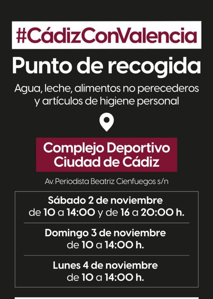 martasthin's tweet photo. ‼️‼️ puntos de recogida en cádiz para ayudar a valencia ‼️‼️

para las que seáis de cádiz, van a estar recogiendo material y alimentos en distintos puntos, voy a ir dejando por aqui todos los que vea https://t.co/l1NWfp0mhZ