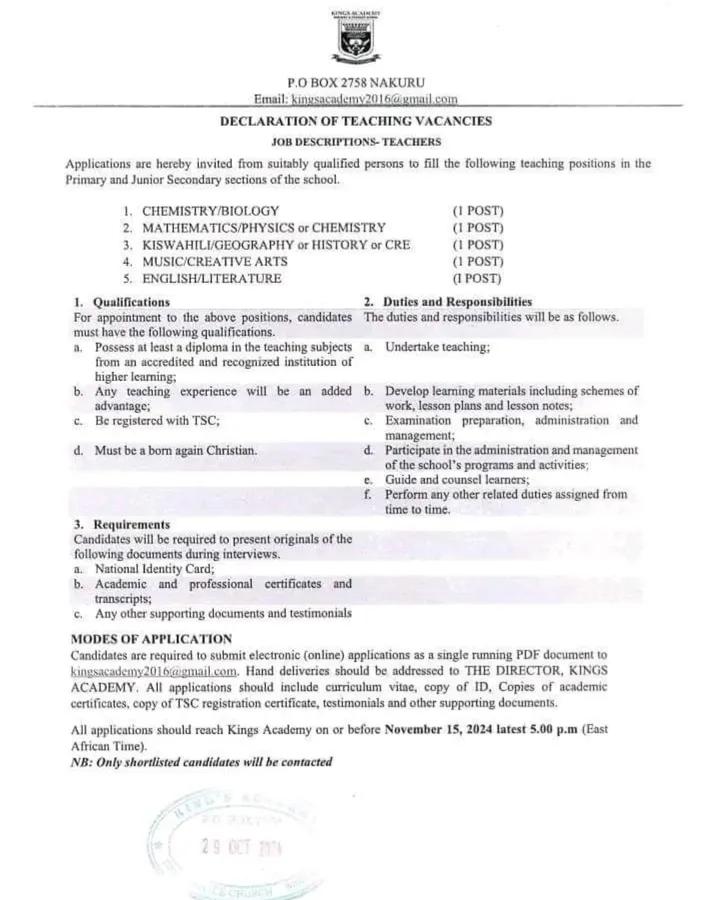 vacancies_ke's tweet photo. Open Positions.
—
Kings Academy — Nakuru

Deadline: November 15, 2024
—
Missed a post? Search here https://t.co/bv9INpDXjV

Ndindi Nyoro #FreeAoko Body by Design Riggy G Martha Koome Moses Kuria CULT Trump 3 #RutoIsOverworking Odegaard tabitha gatwiri Wyoming KES 12,499 Tribal https://t.co/Wy03k2EBpJ