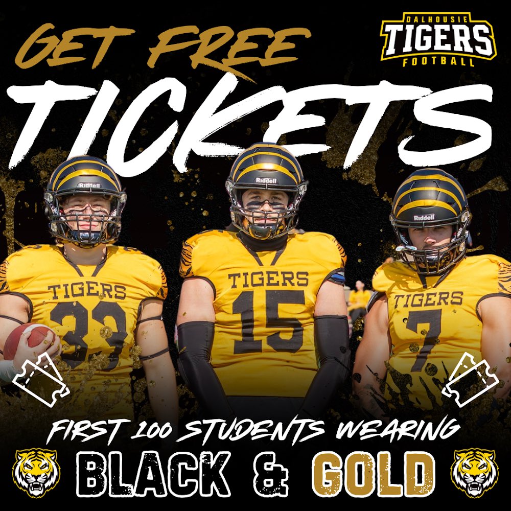 DalFootballClub's tweet photo. We’re celebrating 15 years of Dalhousie Football at the AFL Championship game tomorrow, and giving away free tickets to the first 100 students to show up in their Black & Gold!
#dalhousie #dalhousieuniversity #halifax #dalu https://t.co/JEGthAfZxp