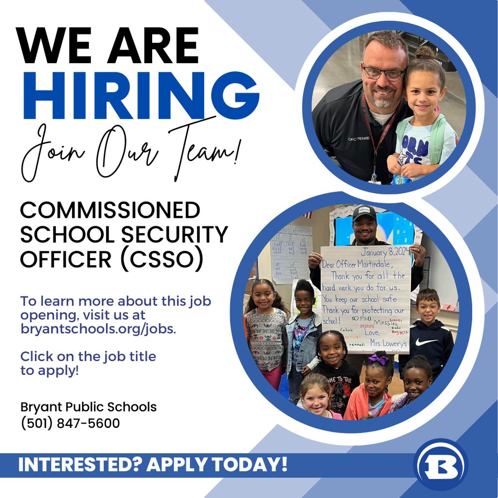📢 Now Hiring: Commissioned School Security Officer📢
Are you passionate about ensuring a safe and secure environment for Bryant students and staff? If you're ready to make a positive impact, apply today at bryantschools.org/jobs.