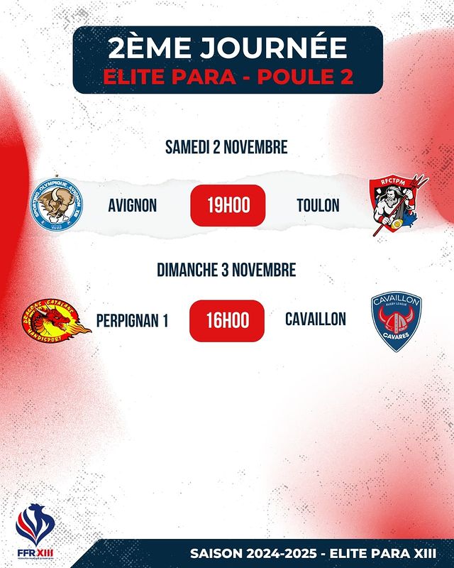 FFRXIII's tweet photo. Les programme du week-end Para Rugby XIII 🏉 Bon matchs 💪

#ffrxiii #rugbyxiii #le13 #ParaRugbyXIII https://t.co/cyjMSJQ7fP