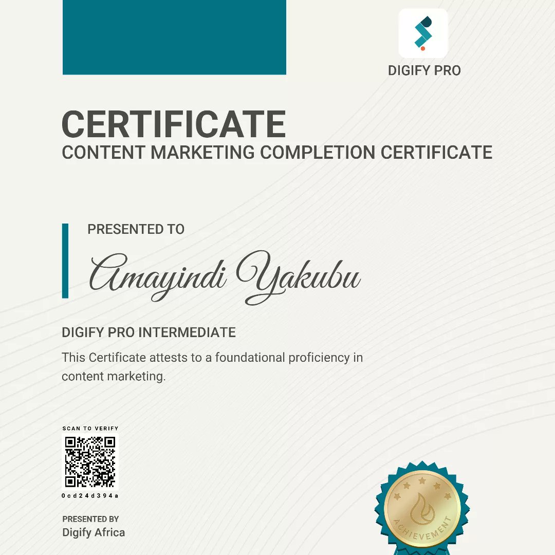 calledamayindi's tweet image. I’m thrilled to announce that I have completed the DIGIFY Pro Africa Intermediate Digital Marketing Program! facilitated by Digify Africa. 
This journey has equipped me with essential digital marketing skills and insights. 

#DigifyPro #DigitalMarketing #DigitalSkills #Bootcamp
