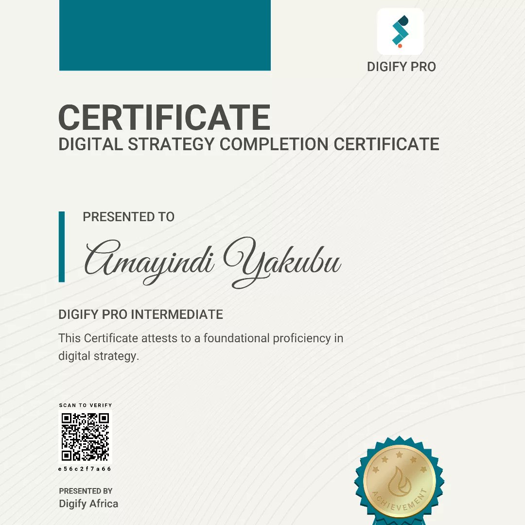 calledamayindi's tweet image. I’m thrilled to announce that I have completed the DIGIFY Pro Africa Intermediate Digital Marketing Program! facilitated by Digify Africa. 
This journey has equipped me with essential digital marketing skills and insights. 

#DigifyPro #DigitalMarketing #DigitalSkills #Bootcamp