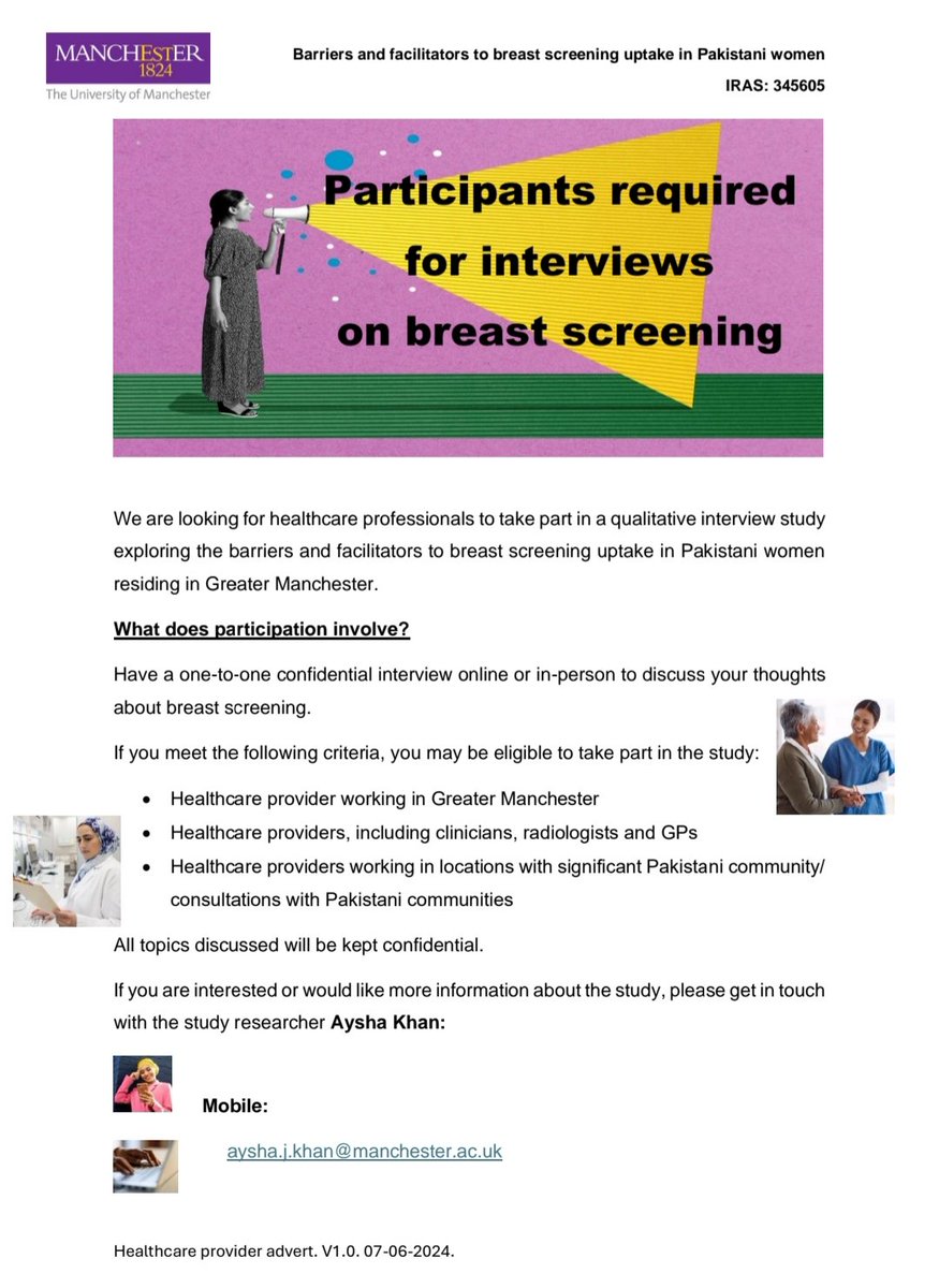Aysha Khan (@ayshajkk) on Twitter photo As part of my PhD research, I am exploring the views of healthcare professionals on the barriers & facilitators to breast screening uptake in Pakistani women. If you work with this community and want to participate,contact aysha.j.khan@manchester.ac.uk for further information. As part of my PhD research, I am exploring the views of healthcare professionals on the barriers & facilitators to breast screening uptake in Pakistani women. If you work with this community and want to participate,contact aysha.j.khan@manchester.ac.uk for further information.