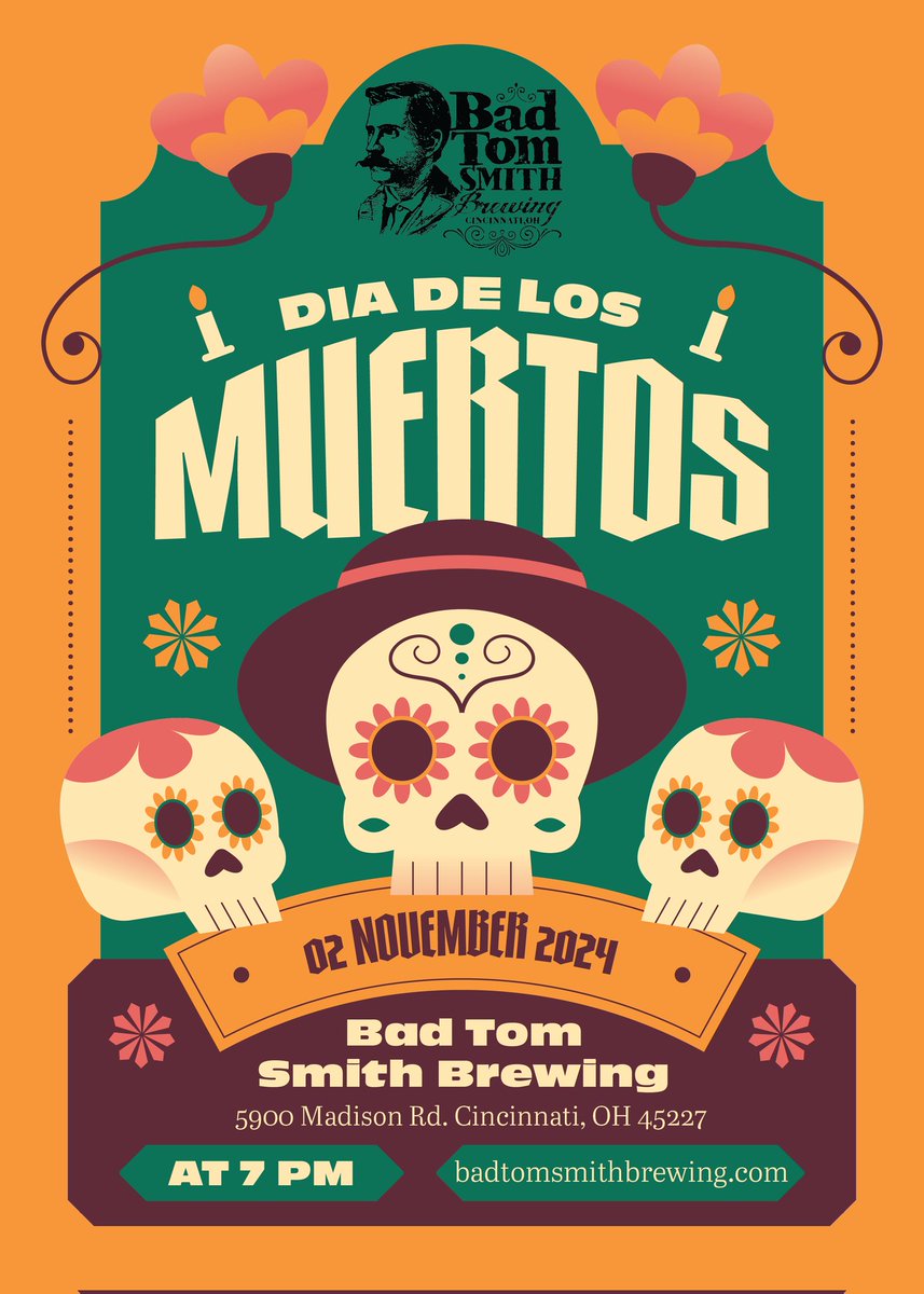 Join us this Saturday, Nov. 2nd for Dia De Los Muertos! Starting at 7pm come in with a Dia De Los Muertos costume or catrin/catrina make-up and get $2 off your first pint and 10% off your food ordered!