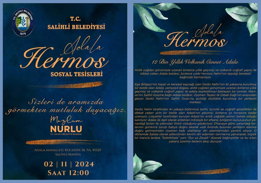 MazlumNurlu's tweet photo. Salihli Belediyesi “Adala Hermos Sosyal Tesisleri”nin 02 Kasım 2024 Cumartesi günü saat 12.00’de yapılacak olan açılışına tüm hemşehrilerimiz davetlidir.
#Salihli #SalihliBelediyesi #Adala #MazlumNurlu https://t.co/xSGy75AHay