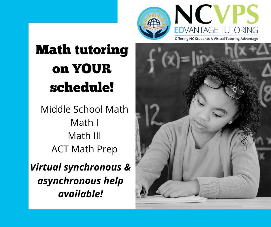 📐 Math Tutoring on YOUR Schedule! ⏰ Middle School Math, Math I ➕, Math III, and ACT Math Prep 🎯. Math II also available for the 2024/25 school year 📅. Virtual synchronous and asynchronous help available! 💻 For more information, visit: buff.ly/3YkMxWV