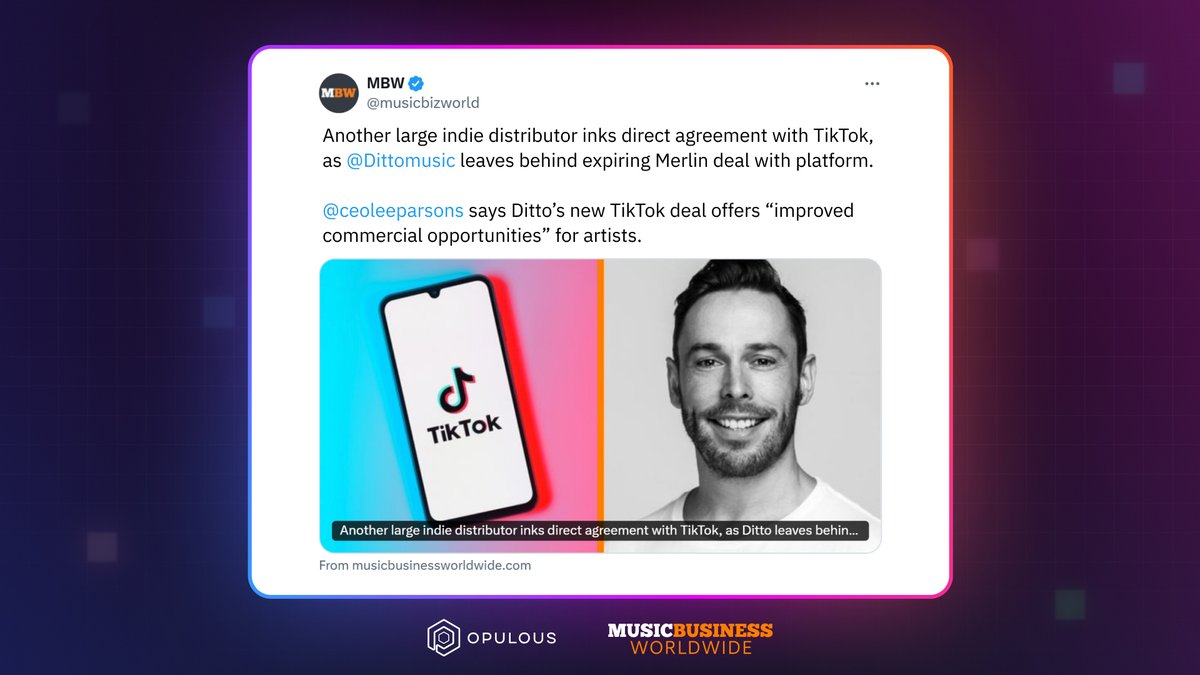 🎉 Huge news! 🎉

Congrats to our parent company @dittomusic on their exciting new partnership with TikTok! 

With Ditto’s 2M artists now connected to TikTok’s massive reach, we’re excited to create new opportunities together here at Opulous.