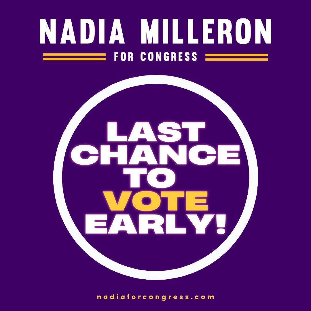 NadiaMilleron's tweet photo. Today is the LAST DAY to vote early in Massachusetts! If you’re busy on Tuesday, be sure to go today on your lunch break or after work! Vote for change. Vote @NadiaMilleron for Congress! #mapoli https://t.co/zSzCXO8WYp