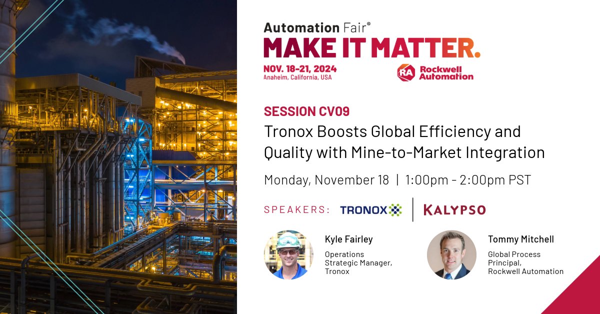 KalypsoROK's tweet image. Hear first-hand how we&apos;re helping clients like Tronox improve productivity and streamline processes from mine-to-market with powerful digital solutions. Register now for @AutomationFair and join the session 11/18! hubs.ly/Q02WCS5F0
#miningoperations #digitaltransformation