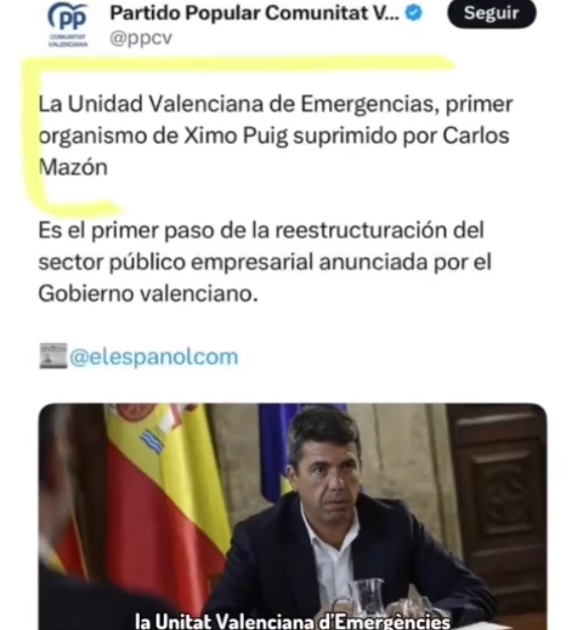 RafaGarciak's tweet photo. La #DANA bestial, destructiva, letal. Pero duele recordar como el 🅿️🅿️ @ppopular de @carlos_mazon_ #MazónPrime sacó pecho, nada más llegar al #Palau, por activar la #motosierra de los #recortesPP #recortesMazonPrime. Y cómo aplaudía la #BruneteMediática… https://t.co/Zf1Vq8FPWx
