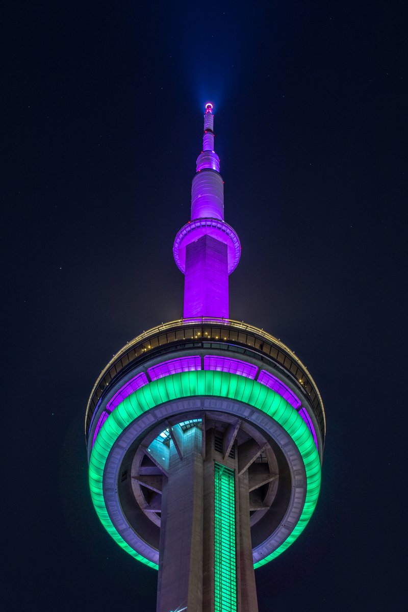 TourCNTower's tweet photo. Tonight the #CNTower will also be lit green and purple for the Look Good Feel Better Mirror Ball supporting people experiencing cancer https://t.co/DeBny61QSH