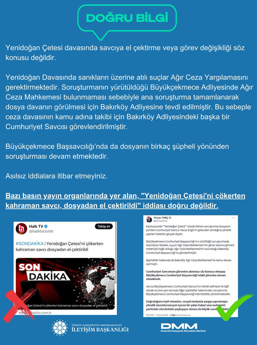 Bazı basın yayın organlarında yer alan, "Yenidoğan Çetesi'ni çökerten kahraman savcı, dosyadan el çektirildi" iddiası doğru değildir.

Yenidoğan Çetesi davasında savcıya el çektirme veya görev değişikliği söz konusu değildir.

Yenidoğan Davasında sanıkların üzerine atılı suçlar
