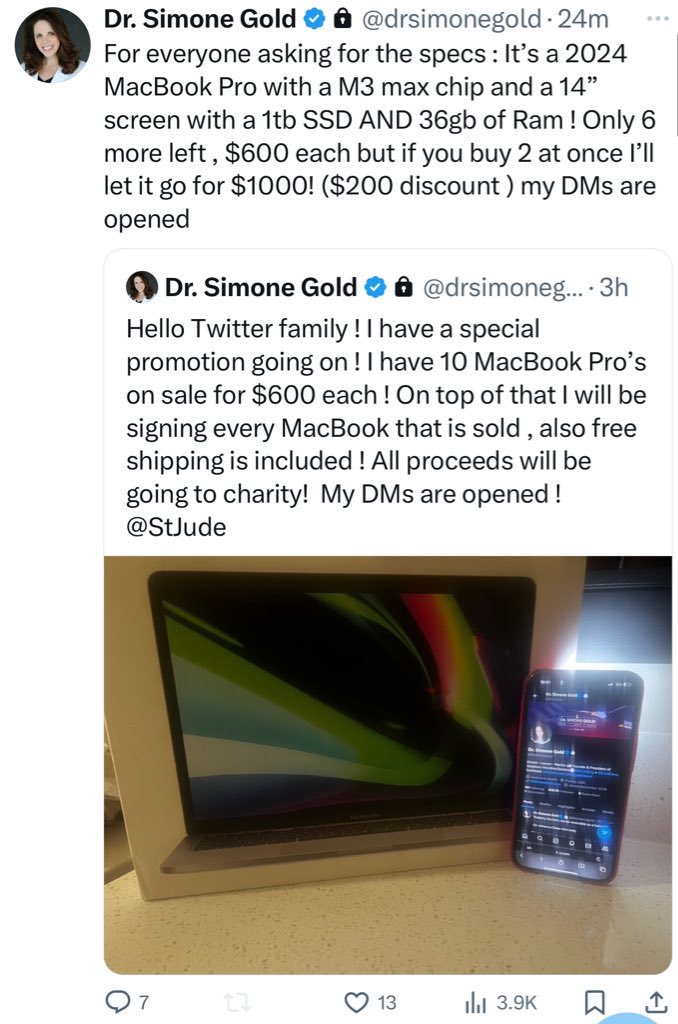 AFLDSorg's tweet photo. BREAKING: Physician and attorney @drsimonegold has confirmed her account has been hacked.

The hacker has activated 2FA on the account, preventing Dr. Gold from regaining control via a password reset from her email or phone.

@elonmusk @yacineMTB @lindayaX @kyliem @noahchandelier https://t.co/UVtw76S7Yq