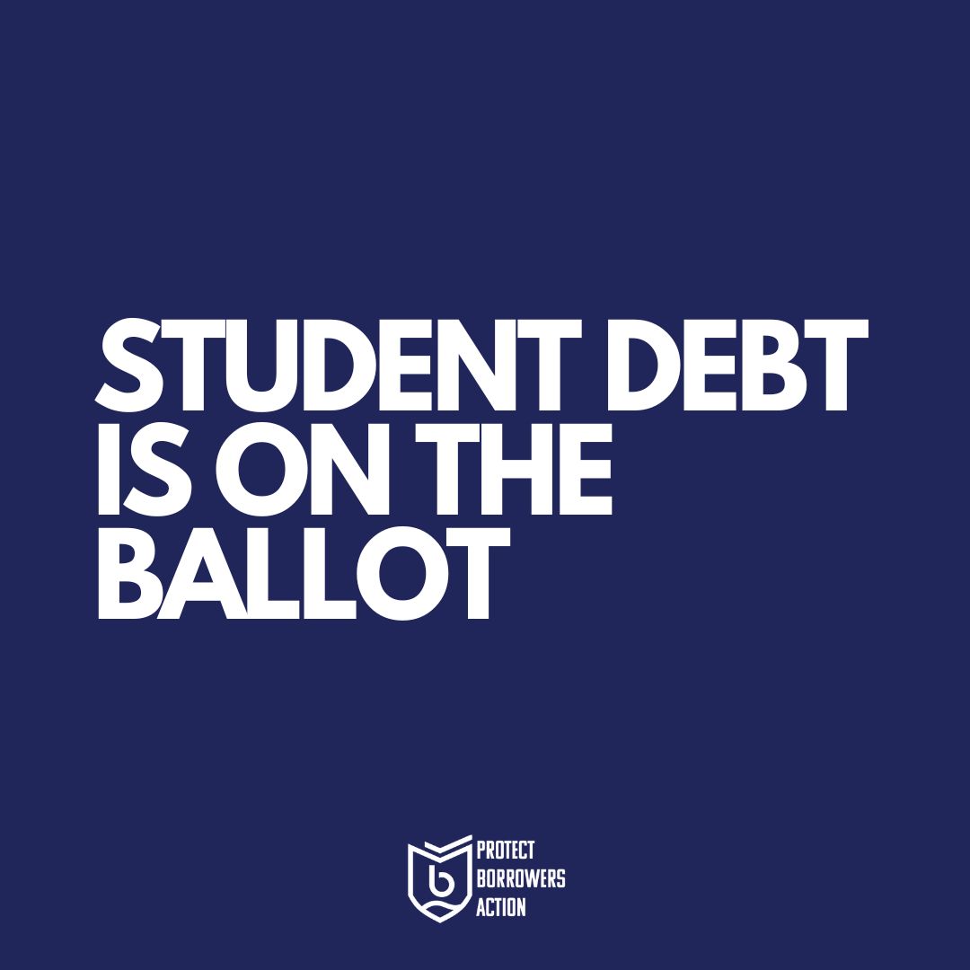 borrowersaction's tweet photo. The stakes on Tuesday could not be higher for student loan borrowers. A Harris-Walz Admin will make life-changing debt relief a reality for borrowers and their families. Donald Trump will leave millions drowning in debt. Be a #StudentDebtVoter https://t.co/7Yy6PoMxLi