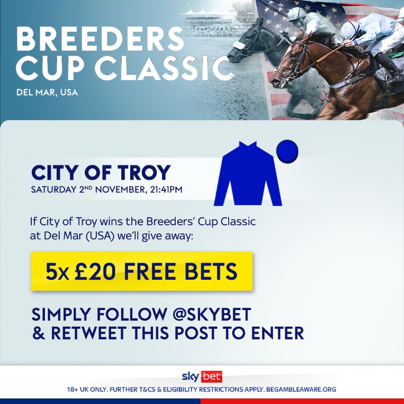 SkyBet's tweet photo. If City Of Troy wins, you could win! 🙌

All eyes on the #BreedersCup Classic 👀

Simply follow and retweet to enter! 

T&amp;Cs apply 👇