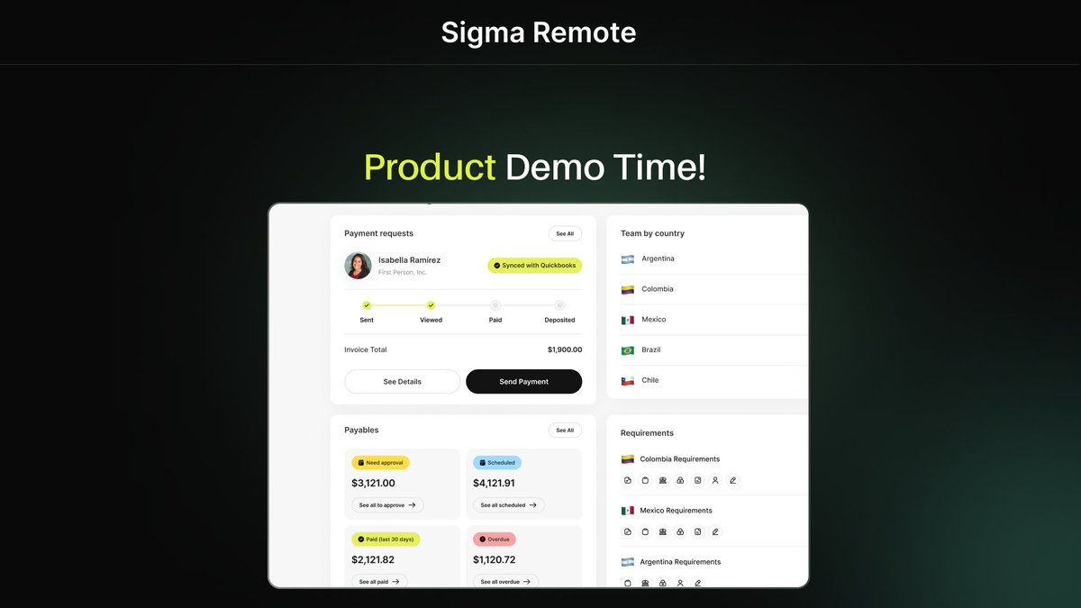 Sigma (@sigma_remote) on Twitter photo 🚀Launch alert! To celebrate our <a href="/ProductHunt/">Product Hunt 😸</a> debut, we’re offering 20% off your first three months if you sign up or schedule a demo with us this week. 🎉 Join us in redefining global hiring! shorturl.at/pxocK
#ProductHunt #RemoteWork #BuildInPublic #FutureOfWork 🚀Launch alert! To celebrate our <a href="/ProductHunt/">Product Hunt 😸</a> debut, we’re offering 20% off your first three months if you sign up or schedule a demo with us this week. 🎉 Join us in redefining global hiring! shorturl.at/pxocK
#ProductHunt #RemoteWork #BuildInPublic #FutureOfWork