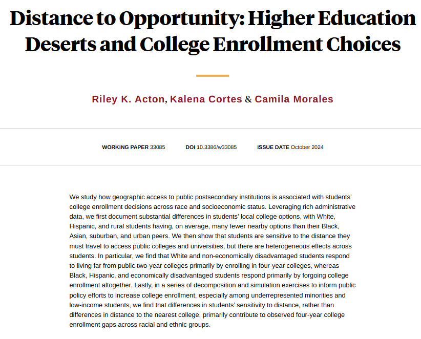 NBER (@nberpubs) on Twitter photo How geographic access to public colleges affects enrollment across race and socioeconomic status, with Hispanic and rural students facing fewer local options, shaping their enrollment decisions, from <a href="/riacton/">Riley Acton</a>, <a href="/KalenaCortes/">Kalena Cortes</a>, and <a href="/CamilaNtMorales/">Camila Morales</a> nber.org/papers/w33085 How geographic access to public colleges affects enrollment across race and socioeconomic status, with Hispanic and rural students facing fewer local options, shaping their enrollment decisions, from <a href="/riacton/">Riley Acton</a>, <a href="/KalenaCortes/">Kalena Cortes</a>, and <a href="/CamilaNtMorales/">Camila Morales</a> nber.org/papers/w33085
