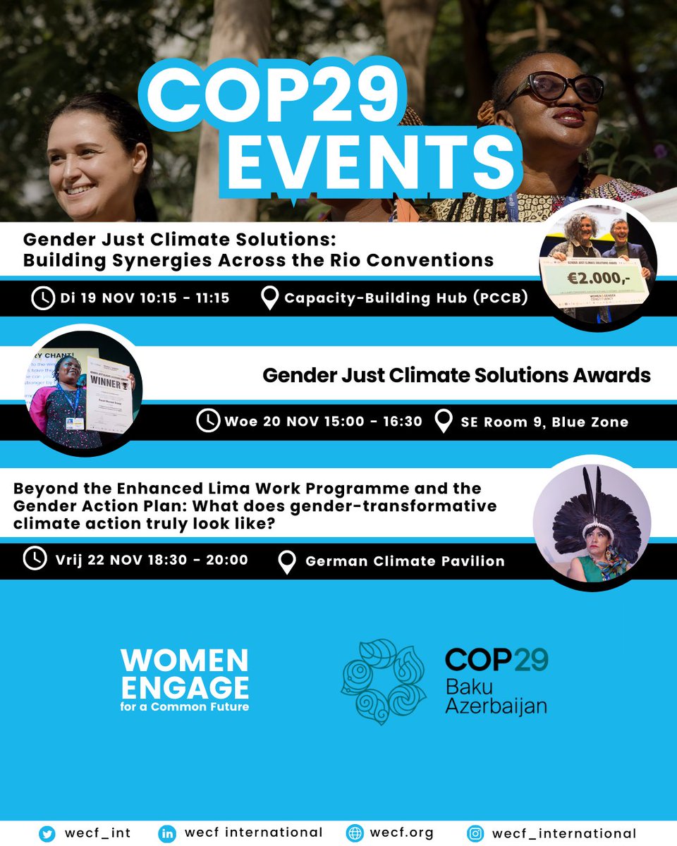Bekijk onze #WECF side events tijdens #COP29. Ze staan in het teken van hoe we ✊#ecofeminisme onderdeel maken van de discussie over 💸#klimaatfinanciering  
 
🔗💚 Klik op de link voor meer informatie en een overzicht van onze side events: 
wecf.org/nl/cop29-overz…