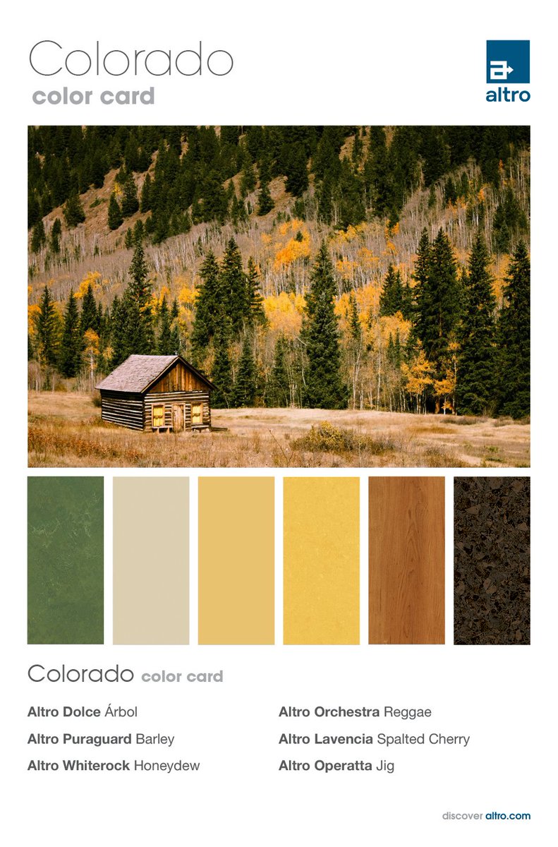 AltroAmericas's tweet photo. Get inspired by the scenic mountain foliage in the newest #AltroColorCard. 🍂🍁

Colors and products featured:
- Altro Dolce: Arbol
- Altro Puraguard: Barley
- Altro Whiterock: Honeydew
- Altro Orchestra: Reggae
- Altro Lavencia: Spalted Cherry
- Altro Operetta: Jig https://t.co/abQ7dzyUWC