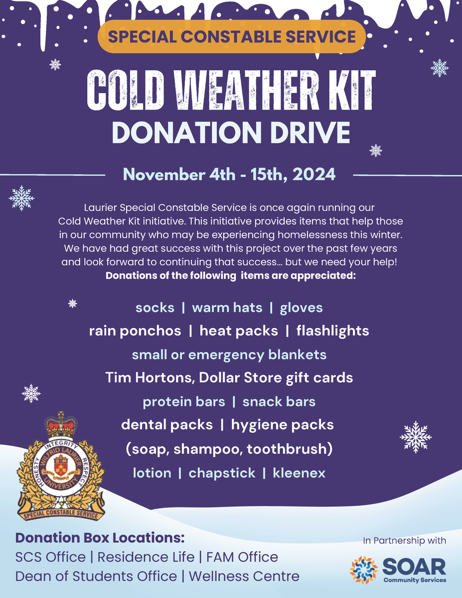 SOARCS_'s tweet photo. Thank you to our friends in the Laurier Special Constable Service! They are once again holding a Cold Weather Kit Donation Drive for those in our community who may be experiencing homelessness this winter. https://t.co/CR7LEzdkWD