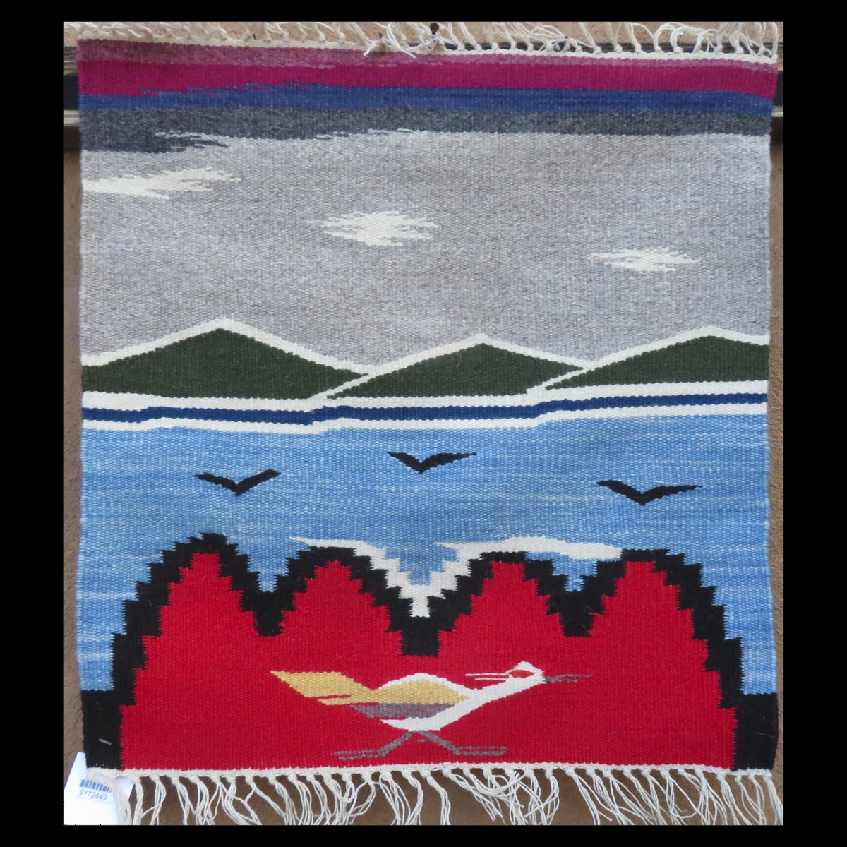New Road Runner weavings in stock from Gloria Montoya!
This weaving also uses naturally dyed indigo and indigo on cochineal for the colorful background landscape.

You can find it here:
ow.ly/aeuU50TWPya