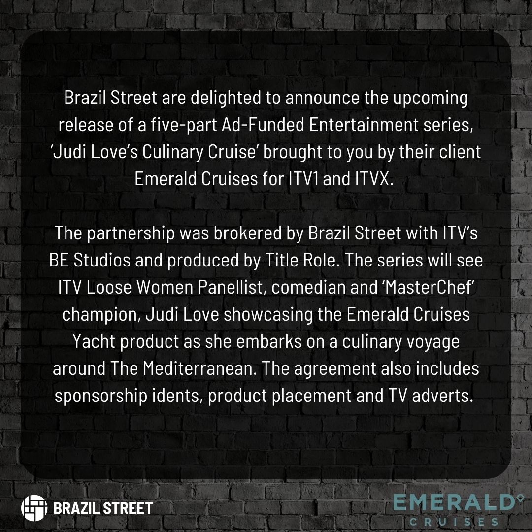 We are delighted to announce the upcoming release of a five-part Ad-Funded Entertainment series, ‘Judi Love’s Culinary Cruise’ brought to you by our client Emerald Cruises for ITV1 and ITVX. Starting 4th November on ITV1 at 2pm 🛥️🥗