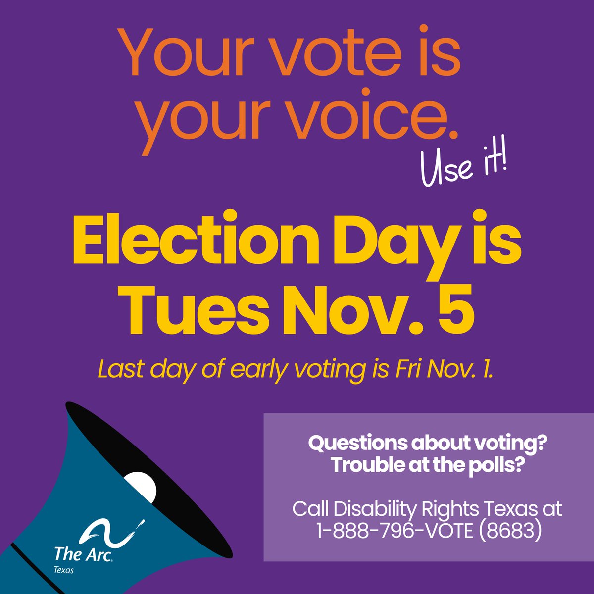 Your vote is your voice. Use it! Texans with disabilities can and do vote! If you need help, call Disability Rights Texas at 1-888-796-VOTE (8683). Let's do this!

#TheArcVotes #DisabilityVote #Election2024 #Vote