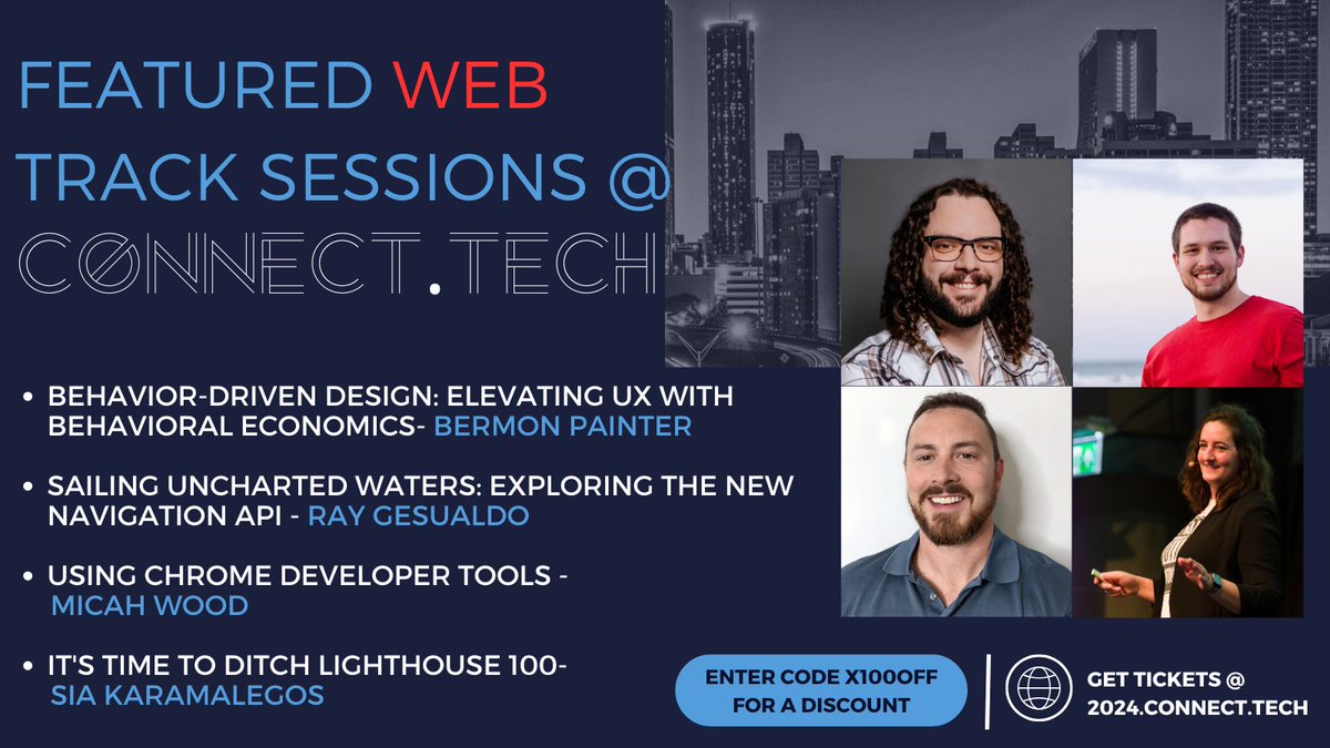 Level- up your web skills our web track at <a href="/connect_js/">CONNECT.TECH</a> 🧠💪

<a href="/bermonpainter/">Bermon Painter</a>- 2024.connect.tech/session/693222

@raygesualdo- 2024.connect.tech/session/684305

<a href="/wpscholar/">Micah Wood</a>- 2024.connect.tech/session/699175

Sia Karamalegos- 2024.connect.tech/session/713037

🎟️- 2024.connect.tech
Use X100OFF for a discount 👀