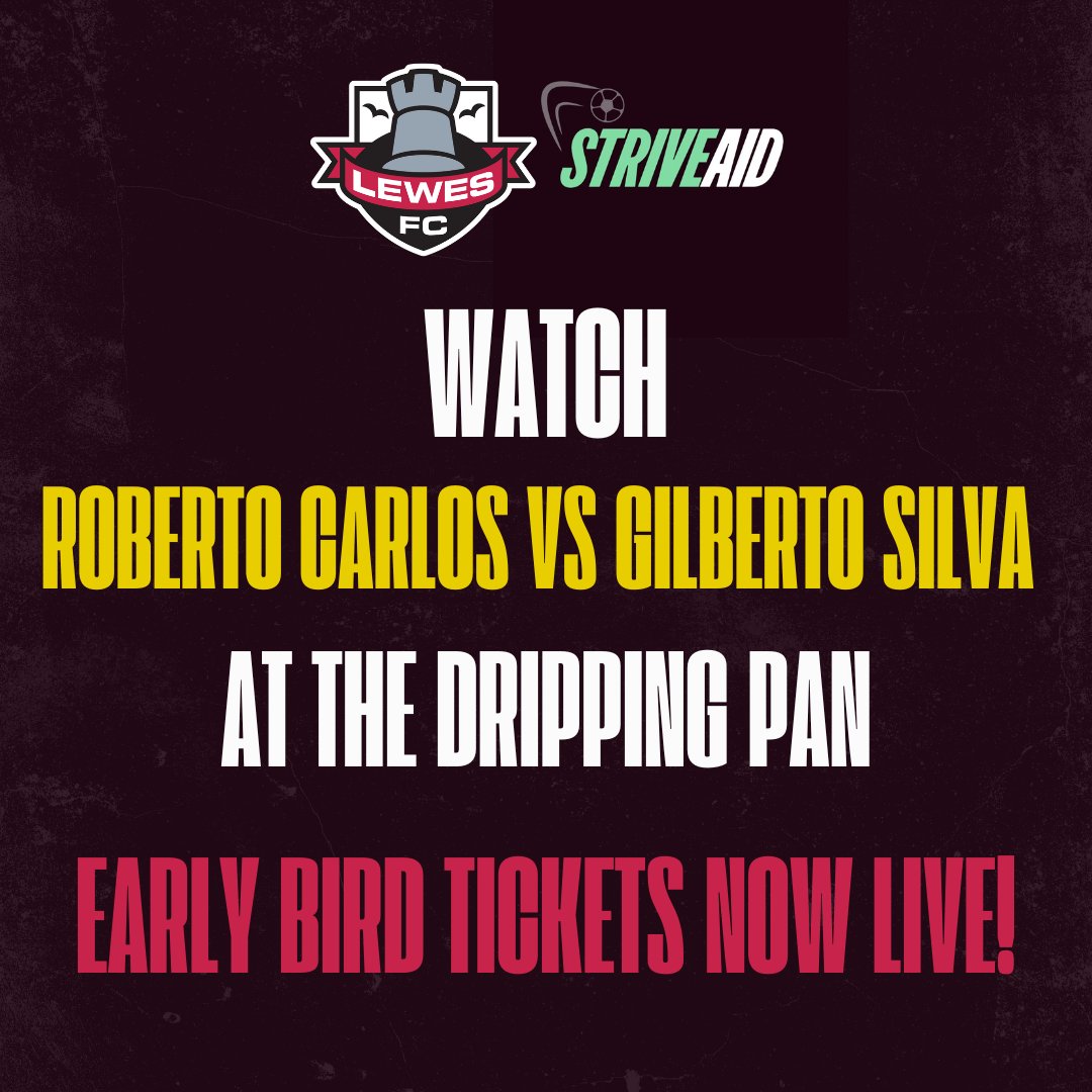 LewesFCMen's tweet photo. 🚨 Roberto Carlos vs Gilberto Silva early bird tickets are now on general sale! 🚨
World Cup Winners, playing at the Dripping Pan stadium!

Other players include Dennis Wise, Sara Guzo, and Kristen Hanby. More names to be announced.... 
 
Don't miss out - https://t.co/KwgZfx5owI https://t.co/2q1bWJT35F