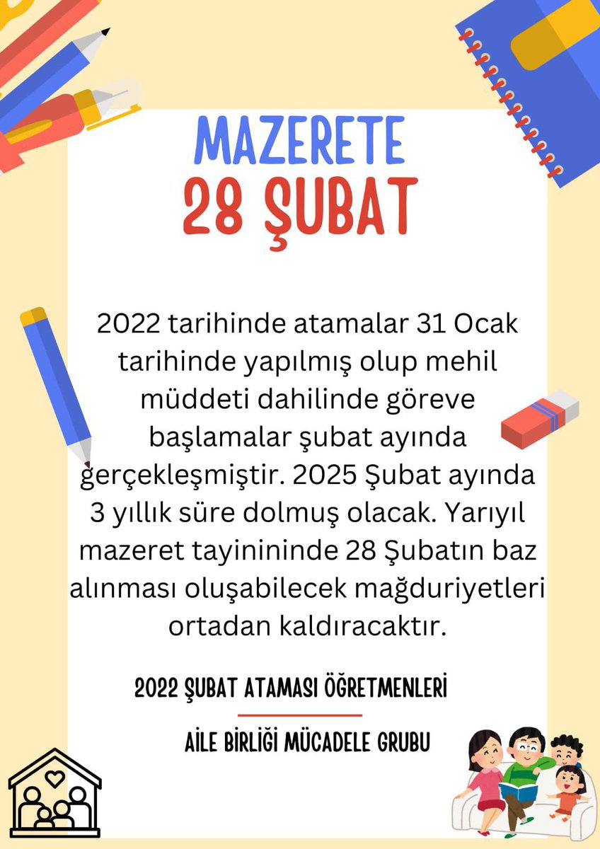 2022 yılında gerçekleşen atamalar 31 Ocak'ta açıklanmış olup mehil müddetinde göreve başlama tarihleri Şubat ayı içerisinde olmuştur. 2025 yarı yıl mazeret tayininde 28 Şubat tarihi baz alınmalıdır.
 #MEBMazarette28Subat
<a href="/Yusuf__Tekin/">Yusuf Tekin</a> <a href="/cftcblnt/">Bülent ÇİFTCİ</a> <a href="/_aliyalcin_/">Ali YALÇIN</a> <a href="/talatyavuz29/">Talat YAVUZ</a>