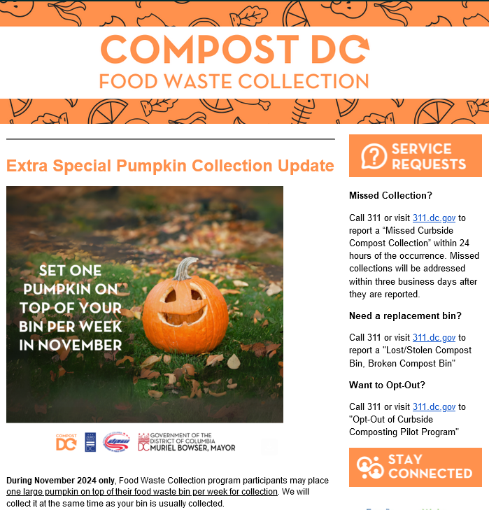ZachBIsrael's tweet photo. Another perk of being a participating household in @dczerowaste's Curbside Composting Pilot Program is free pumpkin composting throughout November from our alley! #compostyourpumpkins https://t.co/3xyrcrmUFy