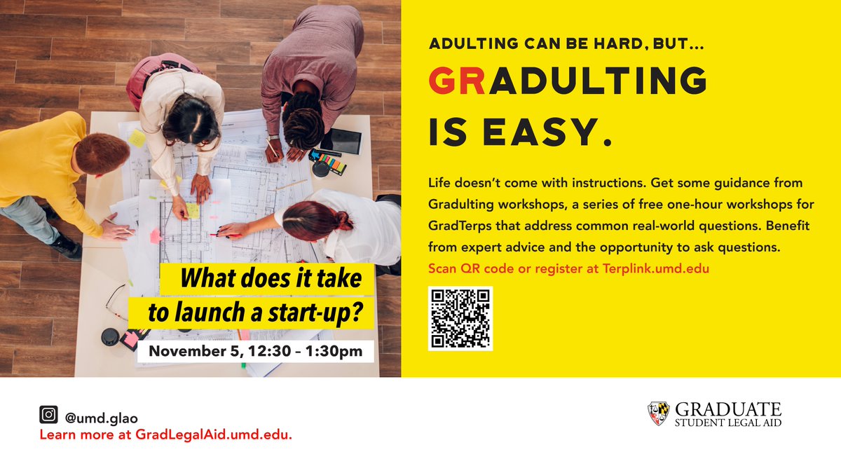 Are you a #GradTerp with a genius business idea? Then you don't want to miss <a href="/UMD_GLAO/">GLAO</a>'s next GRadulting Workshop!

Register to learn about what it takes to launch a start-up (and to get FREE LUNCH!): terplink.umd.edu/event/10187743