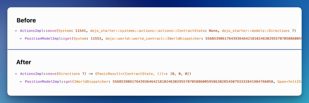 Weekly Nuts and Bolts from Walnut

A Fresh Batch of Transaction Debugging Improvements on <a href="/Starknet/">Starknet 🐺🐱</a>

1️⃣ Simplified Call Trace by removing argument/result namespaces and skipping system arguments, making function calls easier to navigate.

2️⃣ Added Debugger Keyboard Shortcuts: b