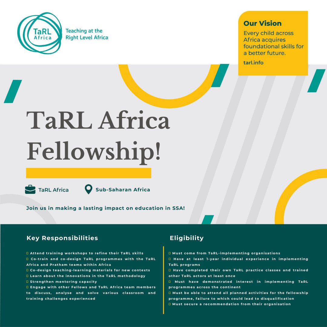TaRL_Africa's tweet image. The TaRL Africa Fellowship Programme is now accepting applications! We're looking for passionate leaders from SSA to enhance their skills and champion the #TaRL approach across the continent.

🗓️ Apply By: Nov 24, 2024

For more details, click here: lnkd.in/gbEdgr52