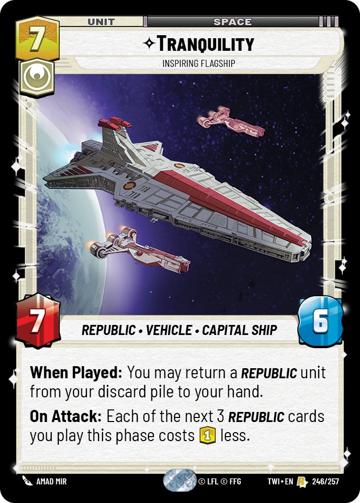 We wanted a pair of big capital ships that encouraged you to go wide with Republic and Separatist cards respectively. Invisible Hand is about ending the game fast with a big swarm (Seps being aggressive) while Tranquility is about grinding to a victory in the late game #FFGStaff