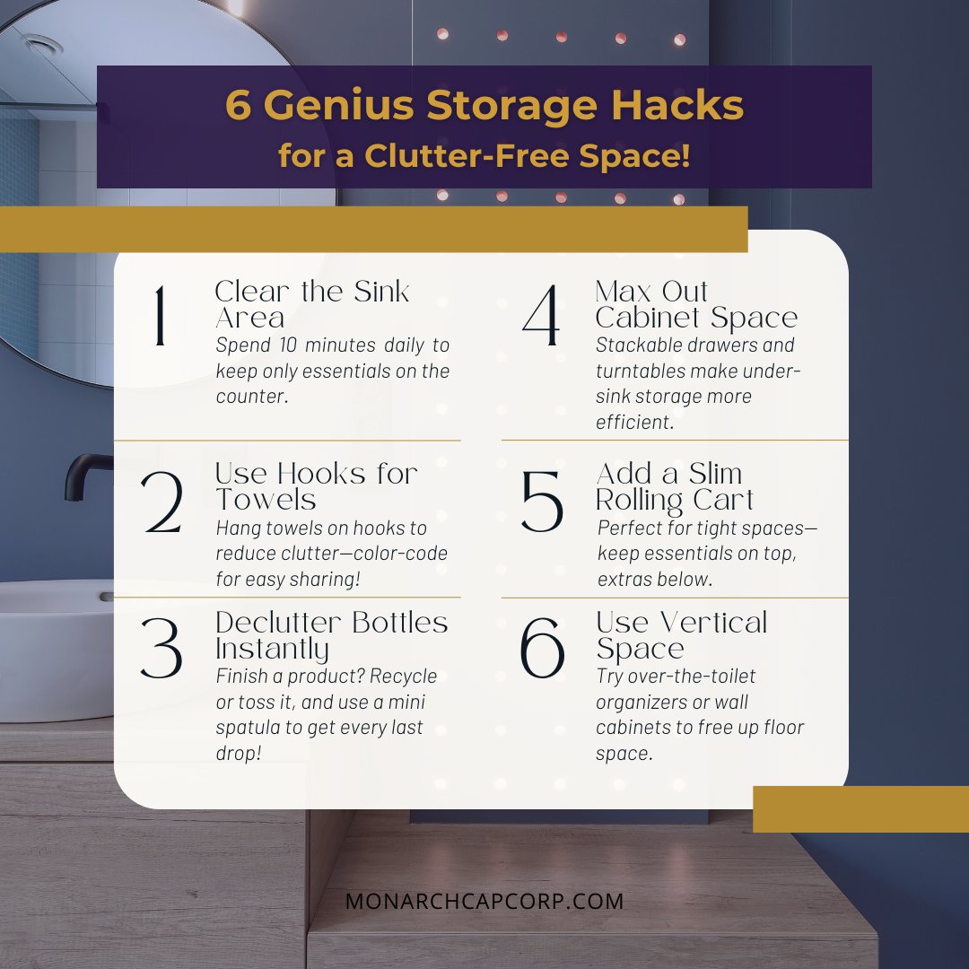 MonarchCapCorp's tweet image. Ready to reclaim your bathroom from clutter? 🛁 With these 6 easy hacks, you’ll create a clean, functional space in no time! Small changes make a big impact. Which tip will you try first?
 #BathroomOrganization
#DeclutterHacks
#SimpleStorage