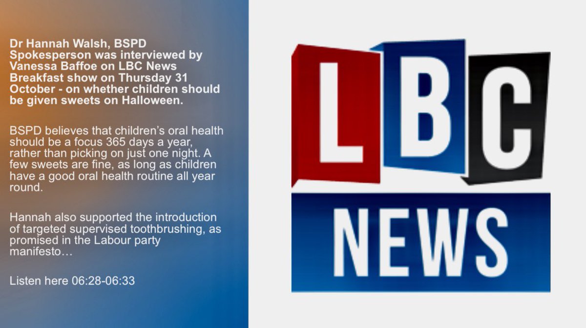 Catch up with BSPD Spokesperson, Dr Hannah Walsh on LBC News Breakfast 31st Oct as she explains to presenter Vanessa Baffoe why children’s oral health should be a focus 365 days a year, rather than banning  sweets on Halloween. 🎃 Listen 0.6.28-06.33 bit.ly/47WUcPg