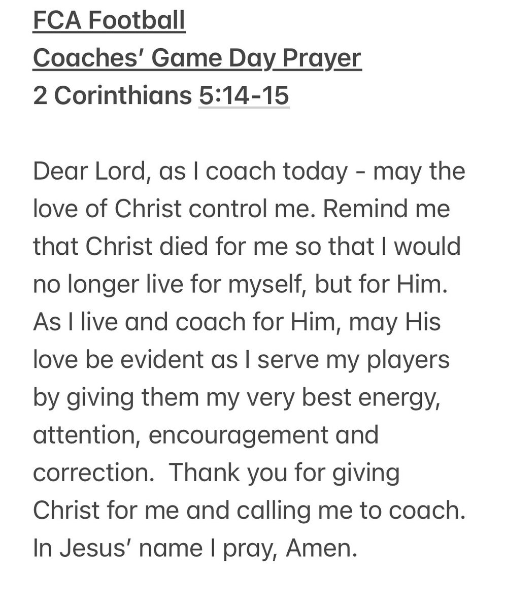 FCA Football Coaches Game Day Prayer for those who are coaching on this Friday night under the lights.