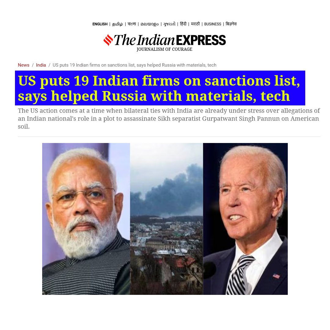 TayyabaKhurshi1's tweet image. With the U.S. imposing sanctions on 19 Indian firms and two nationals for supporting Russia&apos;s war efforts, it’s time for Washington to reconsider its investment in a partner whose reliability is increasingly in question. #USIndia #ExportControl #NationalSecurity
.@SecBlinken .