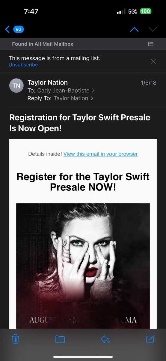 cadynotcaddy's tweet photo. @erastourticks @LucasOilStadium Couldn’t afford tickets to Rep tour but here is my email from Taylor nation inviting me to sign up! I even watched all those videos to become a verified fan but couldn’t afford the tickets at the time https://t.co/qVFHudZe02