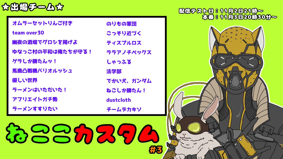 ApexNoBukatu's tweet photo. 第3回ねここカスタム出場チームです！！

 #ねここカスタム3 https://t.co/Nm0qVwe8oW