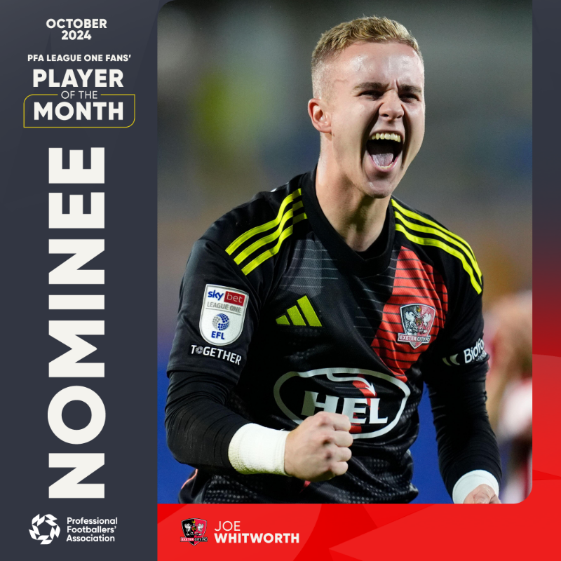OfficialECFC's tweet photo. Super Joe Whitworth in goal! 🎶

@JoeWhitworth_1 has been nominated for the October @PFA League One Fans’ Player of the Month!

Get voting for our shot stopper ⬇️

#ECFC #SemperFidelis