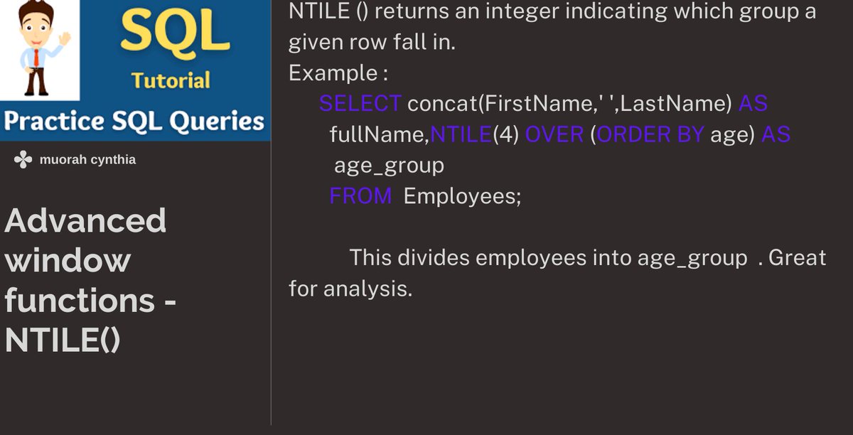 DataDynamiteHub's tweet image. Use NTILE() to distribute rows into equal groups.
#SQL #WINDOWFUNCTIONS