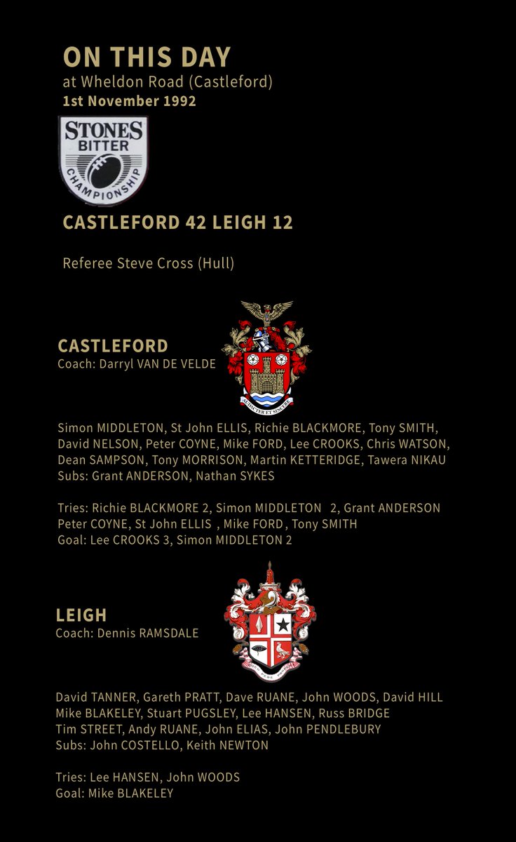 On this day, back in 1992, Leigh were visitors down the Lane, the Classy <a href="/CTRLFC/">Castleford Tigers</a> side were in full flow, as Leigh were put to the sword, 42 - 12 #COYF