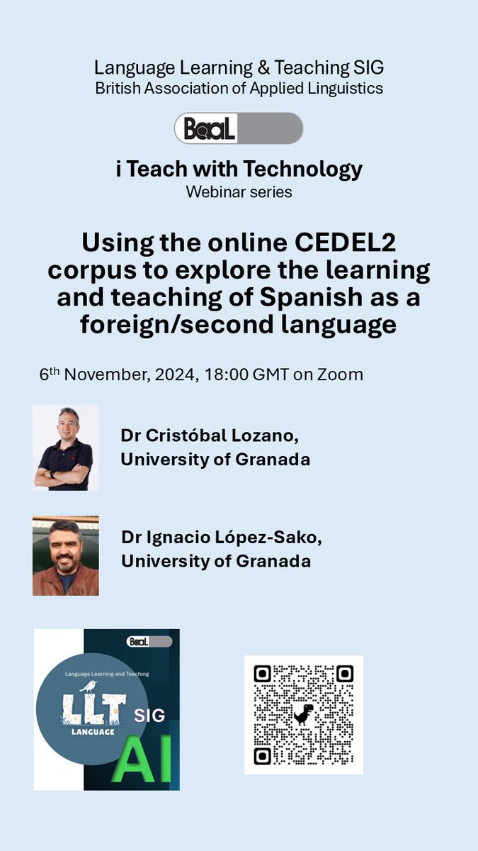 lltsigbaal's tweet photo. 📢 Join our next @__BAAL Language Learning and Teaching webinar on #corpora with @cris_lozano_ugr and Ignacio Lopez-Sako 📢
🗓 6 November 2024
⏰ 18.00 GMT
✍️ Register for the ZOOM link: https://t.co/Etcqhe2i8P
#LLTSIG #BAAL #AppliedLinguistics #LanguageLearning #Teaching https://t.co/4cfUuXmD8h