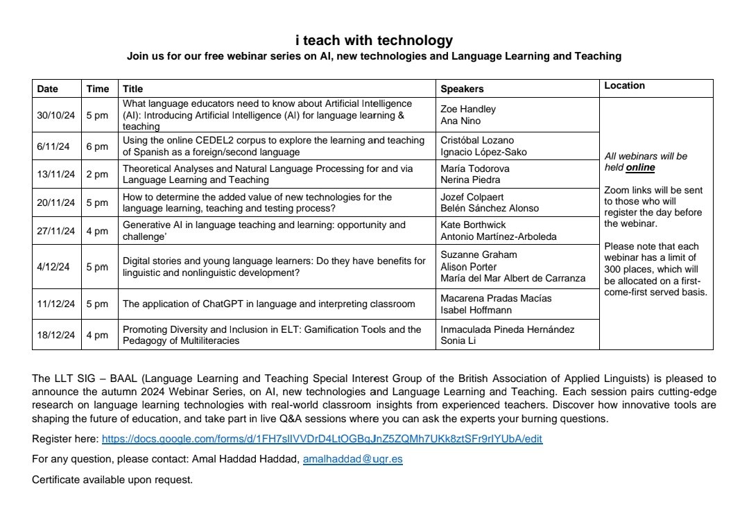 📢 Join our next <a href="/__BAAL/">BAAL: British Association for Applied Linguistics</a> Language Learning and Teaching webinar on #corpora with <a href="/cris_lozano_ugr/">Cristóbal Lozano</a> and Ignacio Lopez-Sako 📢

🗓 6 November 2024 
⏰ 18.00 GMT
✍️ Register for the ZOOM link: docs.google.com/forms/d/1FH7sl…

#LLTSIG #BAAL #AppliedLinguistics #LanguageLearning #Teaching